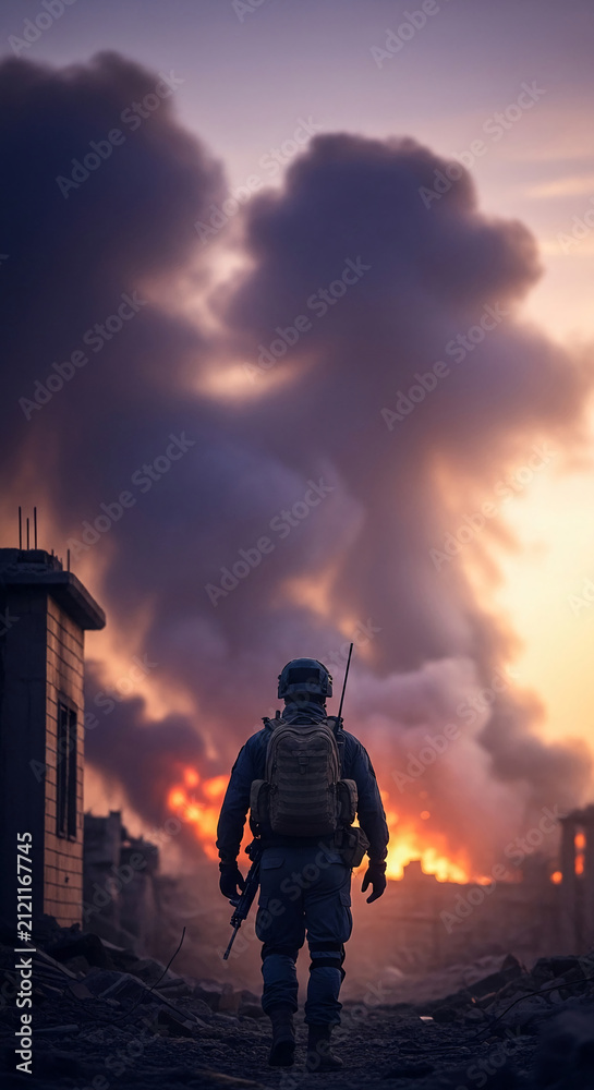 Obraz premium Soldier facing fiery explosion and smoke against a sunset sky, symbolizing conflict, resilience, and aftermath, conveying a dramatic scene