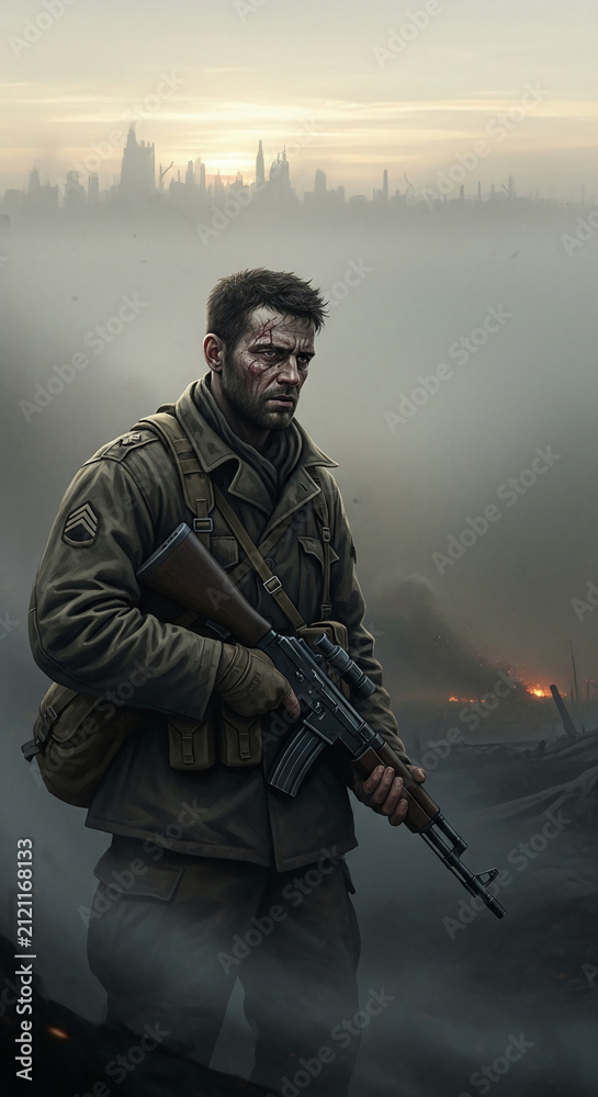 Obraz premium A scarred soldier holds a rifle against a backdrop of smoky ruins and distant fires, symbolizing conflict and survival in wartime