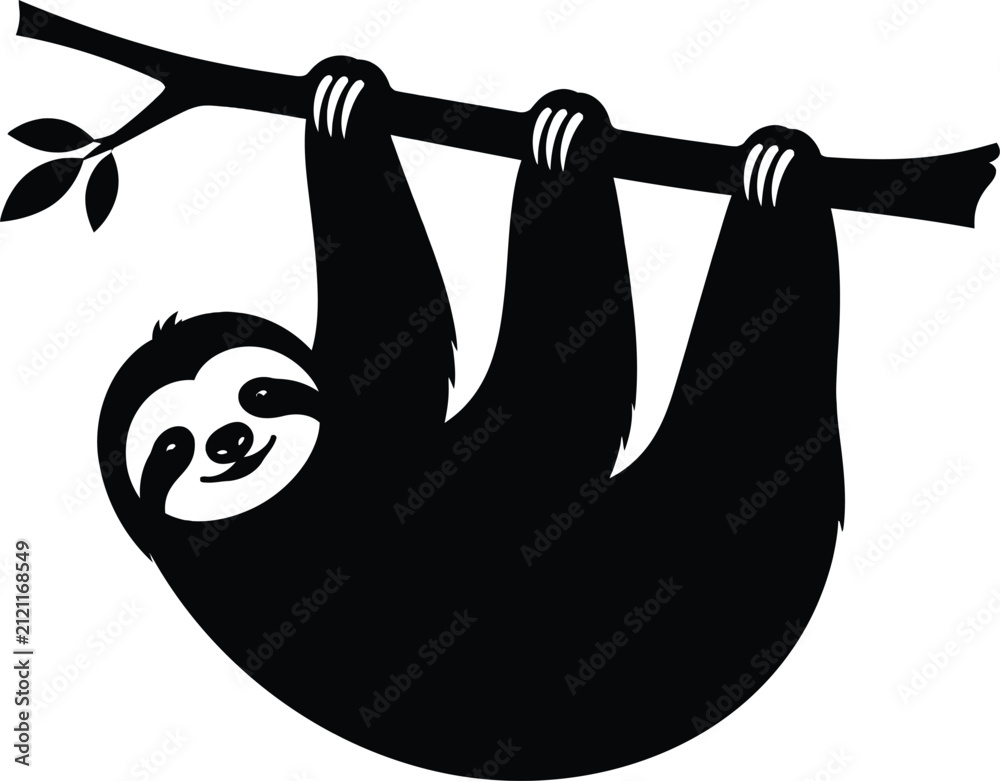 Fototapeta premium Minimalist black silhouette illustration of a cute sloth hanging from a tree branch on white background