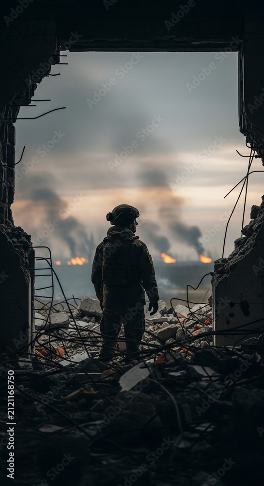 Obraz premium A soldier stands in a ruined doorway, overlooking a smoke-filled landscape with distant fires, symbolizing conflict and destruction.
