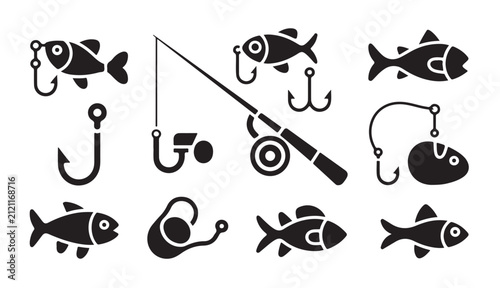 Foto Set of fishing equipment icons including rods, hooks, and various fish