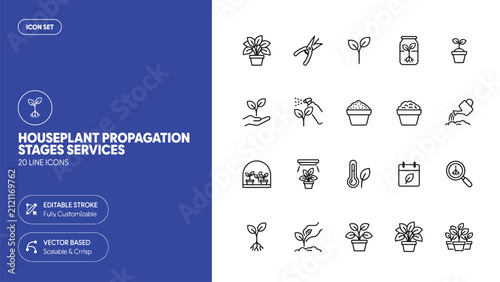 Фотография Set of twenty line icons depicting houseplant propagation stages services proces