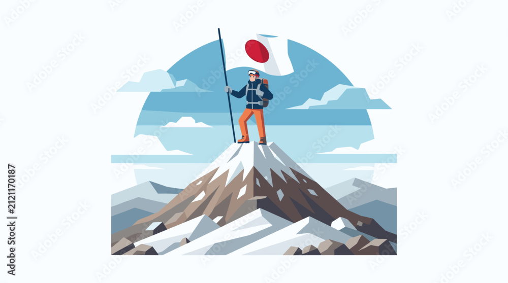 Fototapeta premium Mountaineer holding Japanese flag on snowy mountain peak vector design