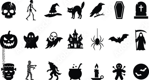 Canvastavla Halloween solid black silhouettes collection with cemetery tombstone scary mummy