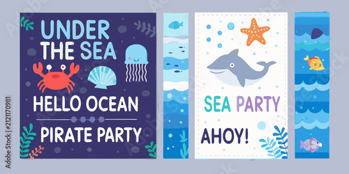 Fotografie Sea life vector posters with marine animals and wave patterns
