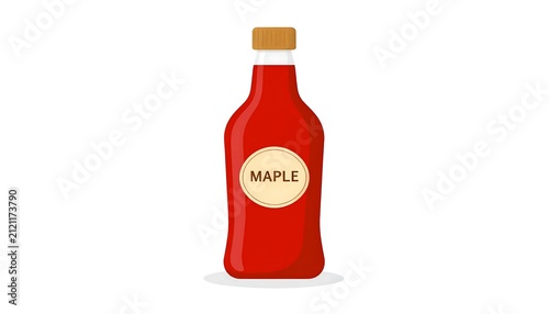 Red maple syrup bottle with white label on white background.