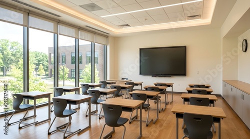 Modern empty classroom with desks. Interior of a contemporary school learning environment.