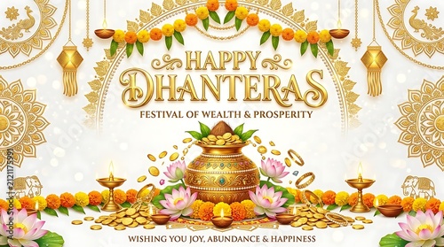 Happy Dhanteras festival greeting card. Gold wealth and prosperity celebration poster.