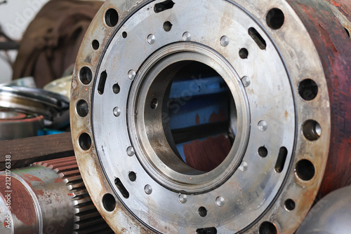 Industrial heavy duty machine part and precision flanged housing assembly.