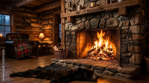Cozy Log Cabin Living Room with Roaring Fireplace and Bear Rug.