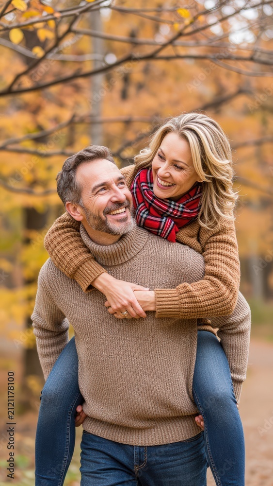 Fototapeta premium Happy couple enjoying autumn day piggyback ride in park
