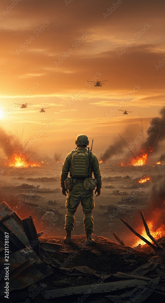 Obraz premium Soldier stands on rubble with helicopters flying over explosions. Symbolizes conflict, destruction, and war.