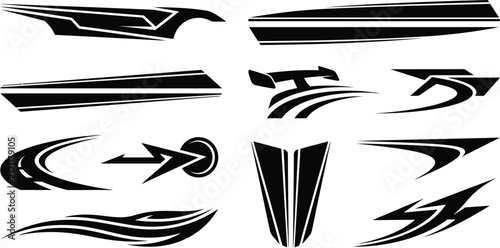 Collection of black car body decals featuring sharp geometric shapes, speed stripes, and racing on a white background