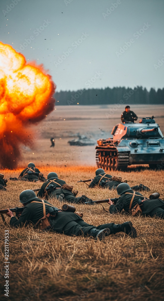 Obraz premium Soldiers in uniform on a battlefield with an explosion and a tank, symbolizing conflict, war, and combat, suitable for historical or military themes.