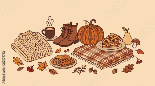 Fotografía Cozy autumn harvest scene with pumpkin pie, loaf bread, cookies, mugs of hot drink on a plaid table, surrounded by nuts, berries, leaves and pumpkins