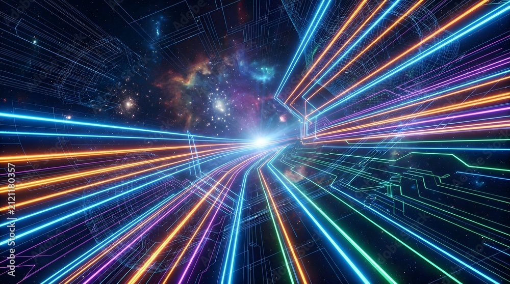 Fototapeta premium Speeding through digital space with glowing neon lines and circuit board patterns.