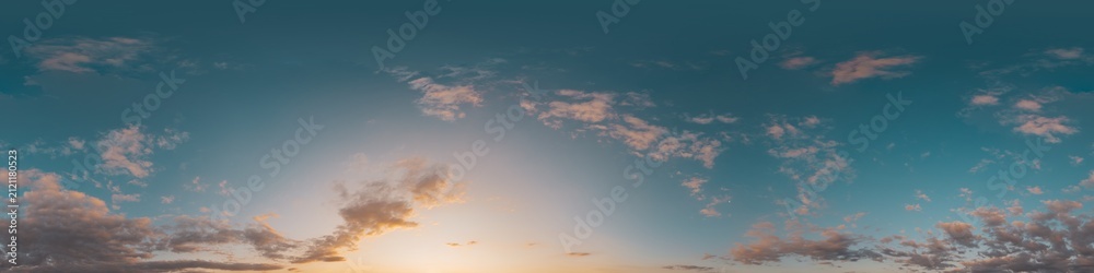 Obraz premium Panorama sky clouds featuring a wide 360 degree view of a colorful sunset with soft wispy clouds across the horizon