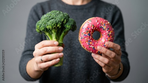 Person holding fresh green broccoli pink glazed donut colorful sprinkles