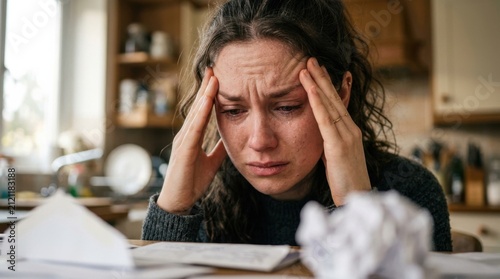 Woman crying hands temples sitting table papers kitchen