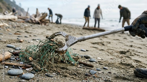 Hand using reacher pick discarded green fishing net sandy beach volunteers
