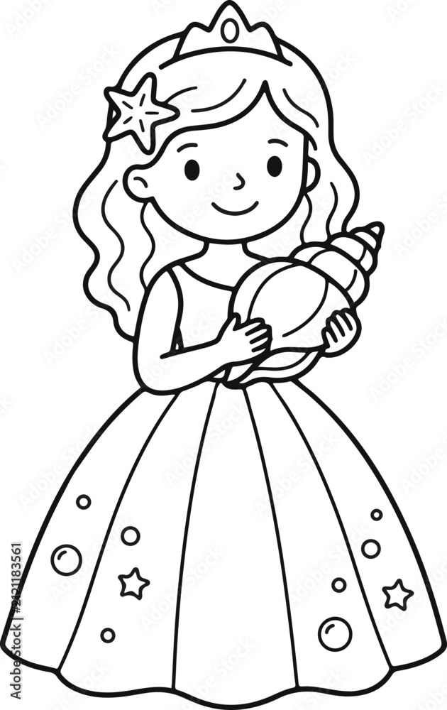 Fototapeta premium Cute little mermaid princess wearing a crown and holding a seashell for children coloring book page line art