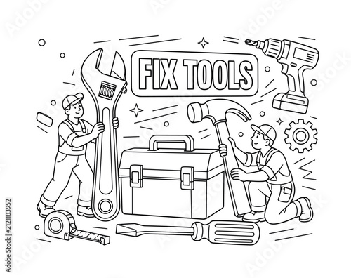 Tools Instrument Set. Banner line art composition featuring a workshop tool scene spread across the full canvas, two workers organizing an oversized wrench and large hammer, oversized toolbox and