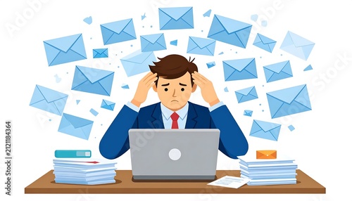 Overwhelmed businessman surrounded by paperwork and documents.