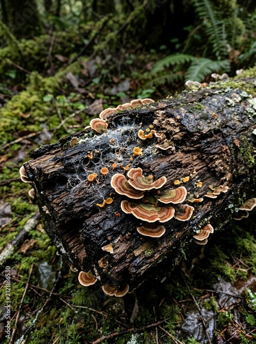 Forest floor with decaying log covered in shelf fungi and moss.
