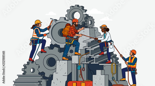Industrial workers collaborate to climb a large gear construction representing team effort and mechanical engineering progress.