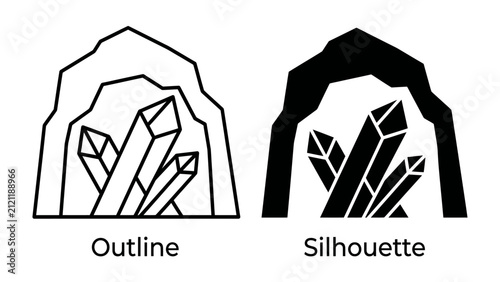 Foto Crystal Formation Icon: Two stylized representations of crystal formations within a cave, one in outline and the other as a solid silhouette
