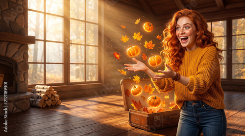 Intensely joyful young woman with curly red hair in a cozy rustic cabin room, catching magical glowing pumpkins and golden leaves bursting from a vintage trunk, bathed in warm golden hour sunlight str