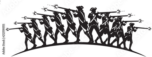 Konstfotografi Revolutionary War soldiers firing muskets in silhouette against a white backgrou
