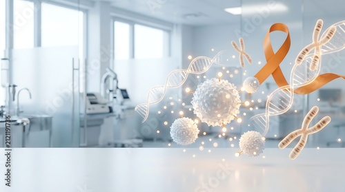 World CML Awareness Day Medical Concept with Orange Ribbon and Cells