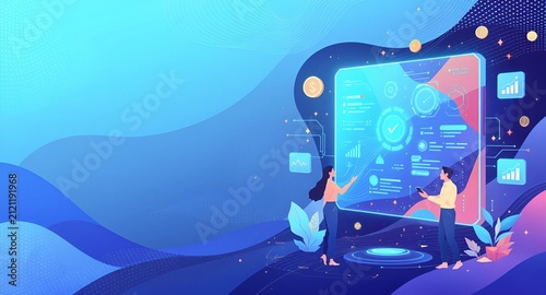 Futuristic Business Team Analyzing Interactive Financial Data Screen Banner Background with Copy Space