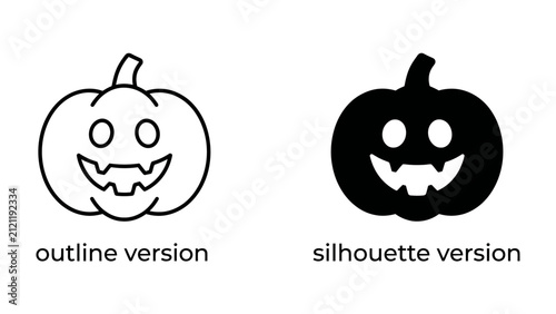 Pumpkin Icon Set: A pair of stylized pumpkin icons, one in outline and the other as a solid silhouette, both featuring a carved jack-o'-lantern face, ready for Halloween designs.