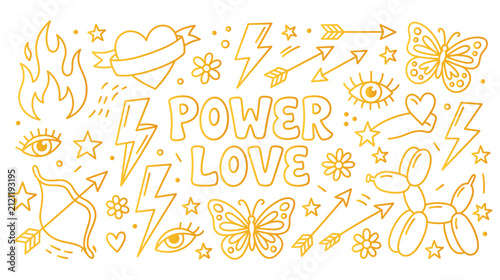 Golden doodle art collection with power and love text featuring lightning bolts and hearts.
