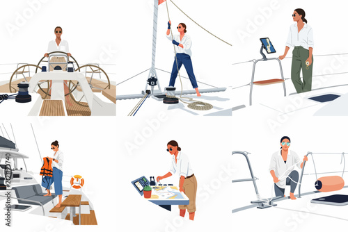 Set of flat illustrations featuring a woman performing various nautical tasks like navigating, steering, and deck handling on a luxury yacht.