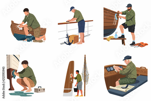 Vector illustration set of men cleaning and maintaining wooden boats, including washing hulls, polishing railings, and scrubbing decks for maritime upkeep and care.