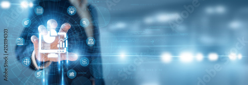 BI Developer hand holding Data Visualization and data networking, complex metrics dashboard creation, information graphic layout, business insights reporting.