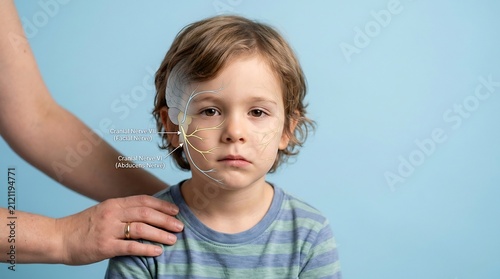 Medical illustration of a young child with a digital overlay showing cranial nerve VII and VI facial nerves for healthcare education