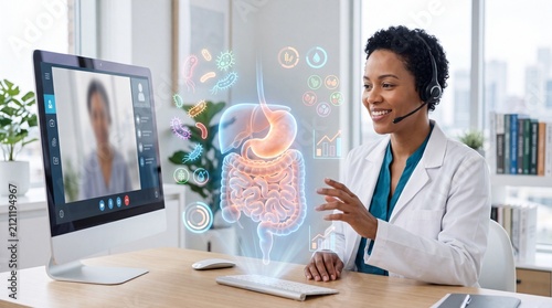 A doctor conducts a virtual consultation using advanced technology, showcasing medical innovation and patient care.