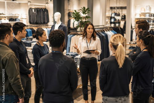 Retail manager leads a team meeting and gives instructions to store employees in a clothing shop. The staff listens attentively while standing around racks of apparel.