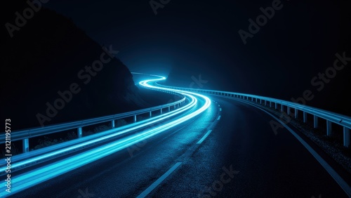 Night Road Light Trails Abstract Blue Highway Curve