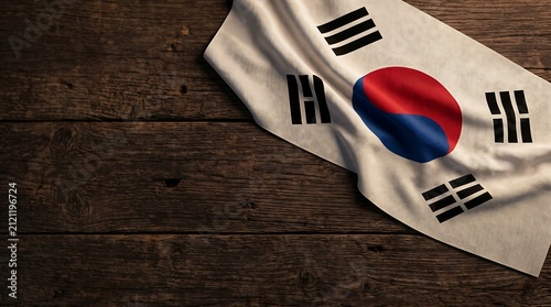 Textured South Korea flag draped on dark rustic wood background with dramatic side lighting and negative space