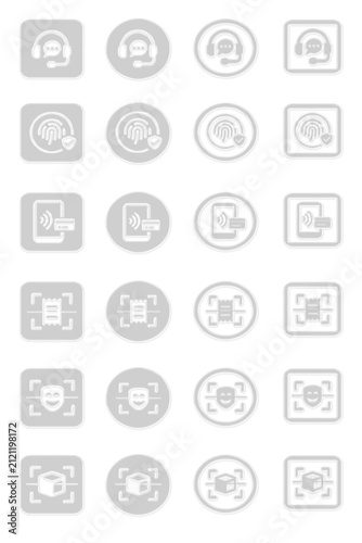 Clean Glass Biometric Security and Customer Support Black Icon Set Collection, Fingerprint Verification, Contactless Payment, Receipt Scanner, Face Recognition, 3D Object Scan