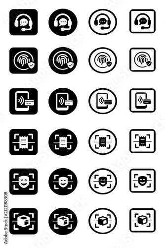 Black Biometric Security and Customer Support Icon Set, Fingerprint Verification, Contactless Payment, Receipt Scanner, Face Recognition, Minimal Black UI Icons, Isolated on Transparent Background