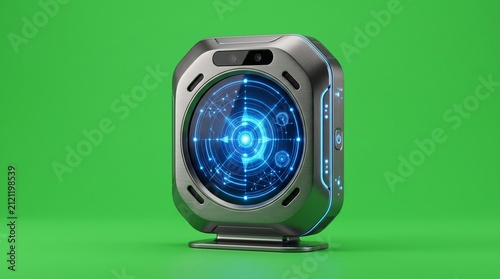 Realistic futuristic AI smart device, sleek modern electronic gadget with premium metallic body, glowing blue LED interface, advanced artificial intelligence technology concept, isolated single object