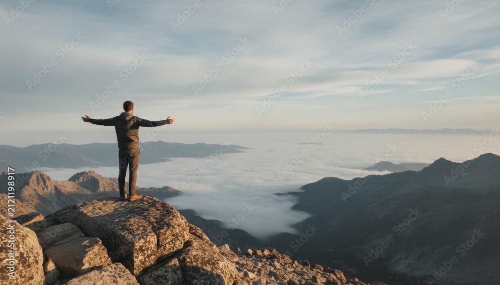 Obraz premium Hiker standing on mountain peak above clouds at sunrise