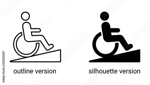 Accessibility Symbol: Two distinct symbols depict a person in a wheelchair ascending a ramp, representing accessibility and inclusive design, available in both outline and silhouette versions.