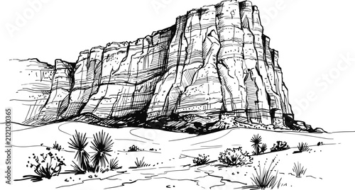 Fotografie Desert Canyon Butte and Rock Formation Line Art Vector Landscape Illustration wi